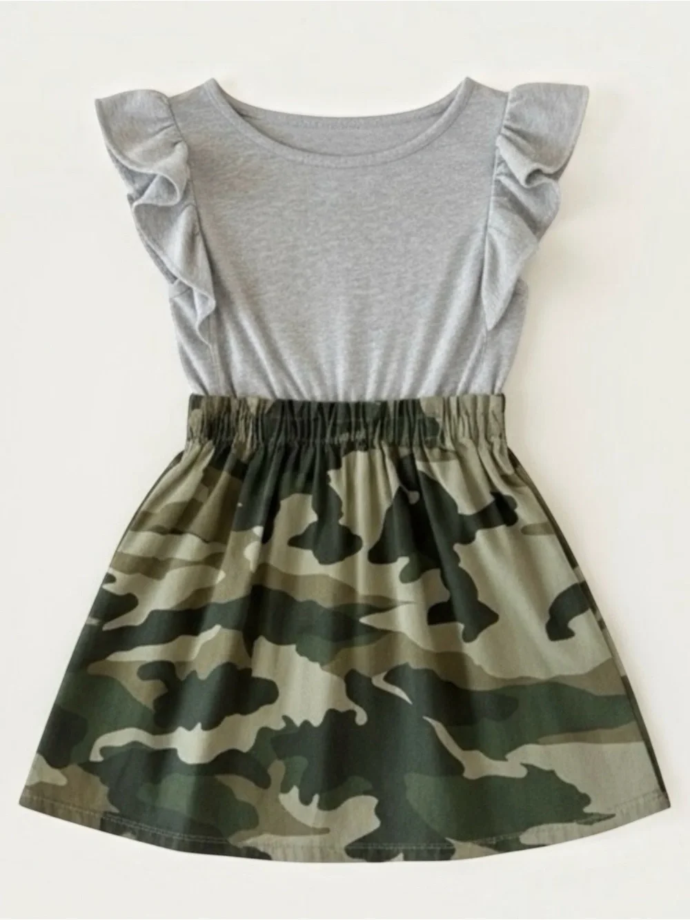J.Crew Crewcuts Gray Ruffle Top Green Camo Skirt Dress Girls 4 Mixed Media